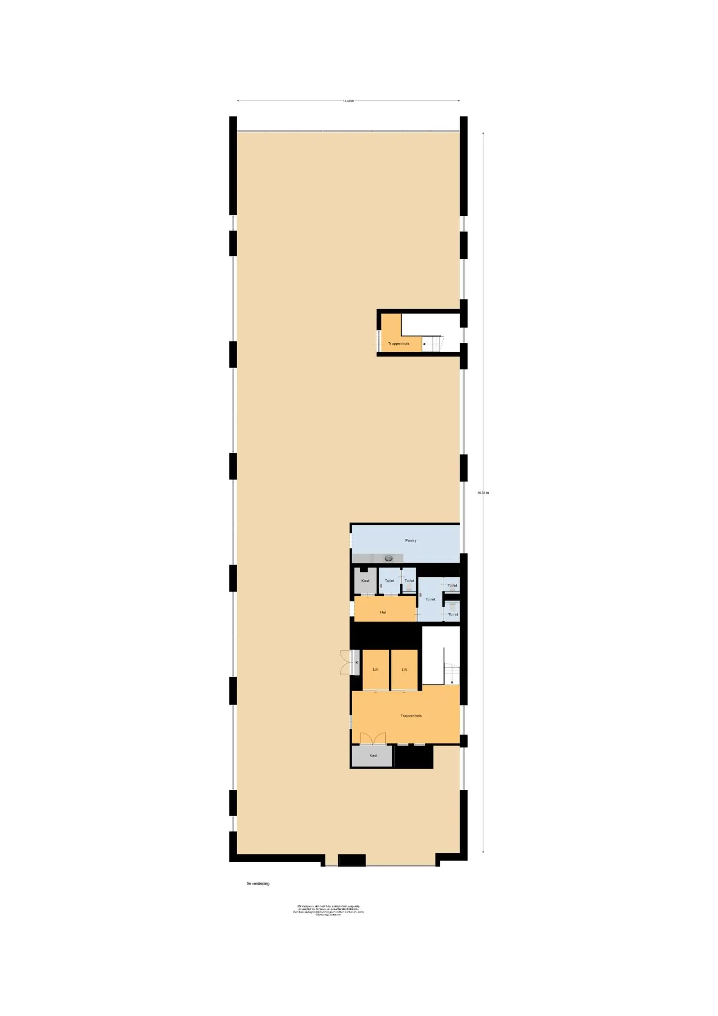 Plattegrond van de begane grond van een bedrijfsruimte aan de Waalhaven O.Z., met kantoren, pantry, toiletgroepen en een grote open hal.